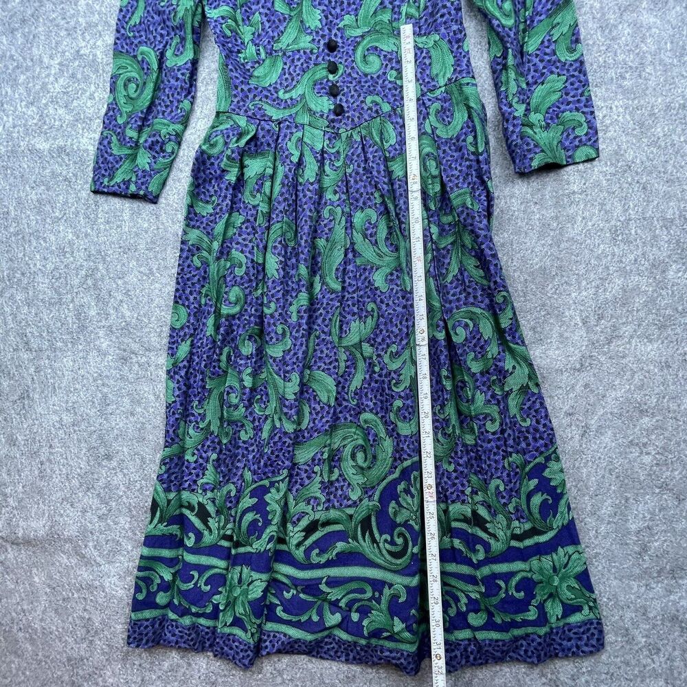 Vintage Jessica Howard Petite Dress 6 Blue Green 80s Secretary Scroll Wasp Waist - Picture 4 of 7